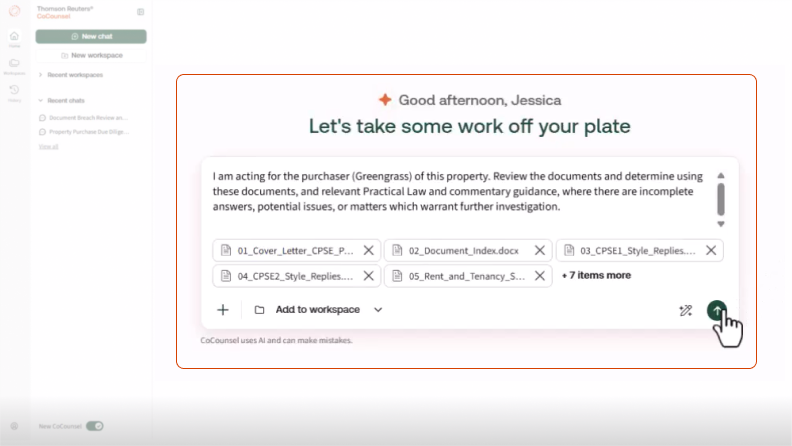 Screenshot of CoCounsel Legal chat screen